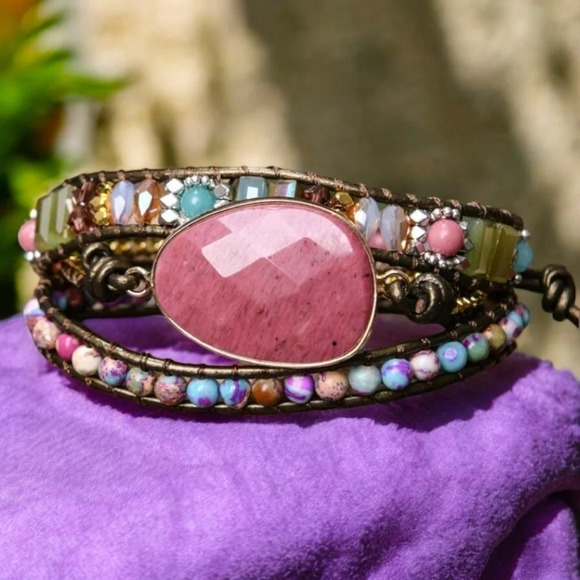 🆕️Elegant Triple Wrap Leather Bracelet Rhodonite Jasper Crystal Beads Jewelry - Picture 1 of 12